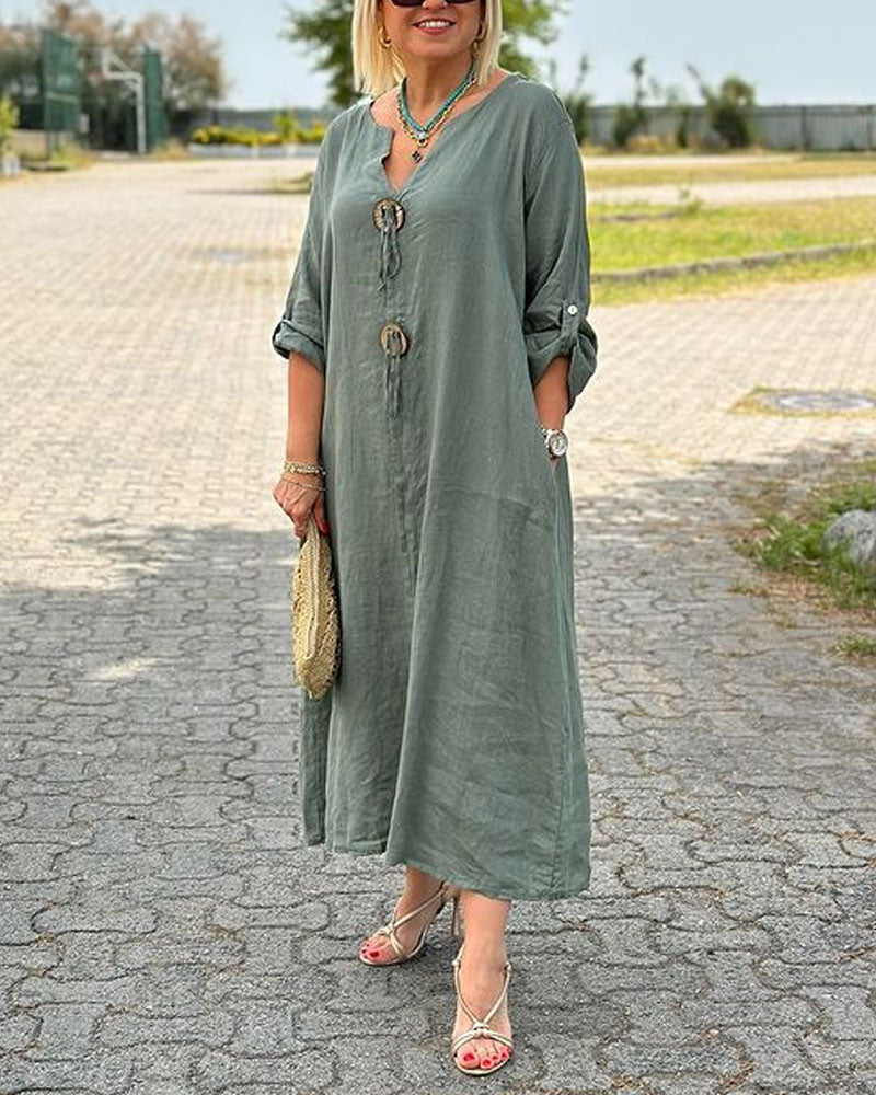 Lässiges Kleid aus Baumwolle-Leinen-Mix mit V-Ausschnitt -Laura