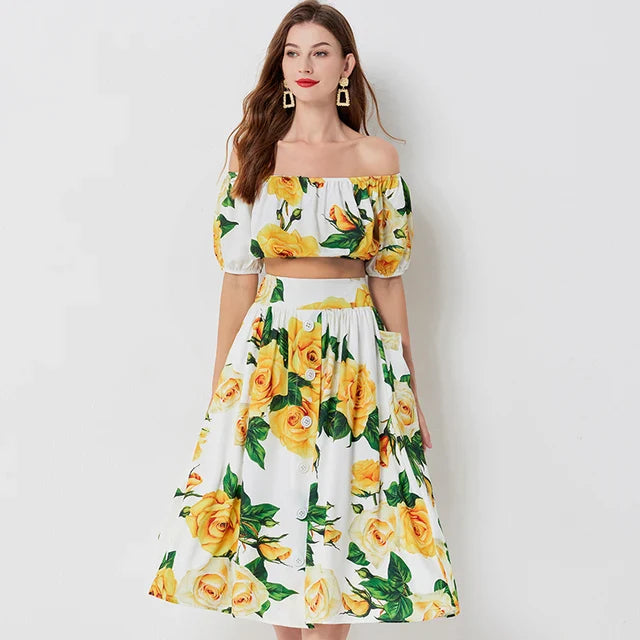 Alexandra - Floral Two Piece Set with Yellow Roses for Women 