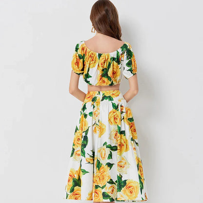 Alexandra - Floral Two Piece Set with Yellow Roses for Women 