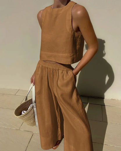 Lilith - Brown tank top and pants linen set for women