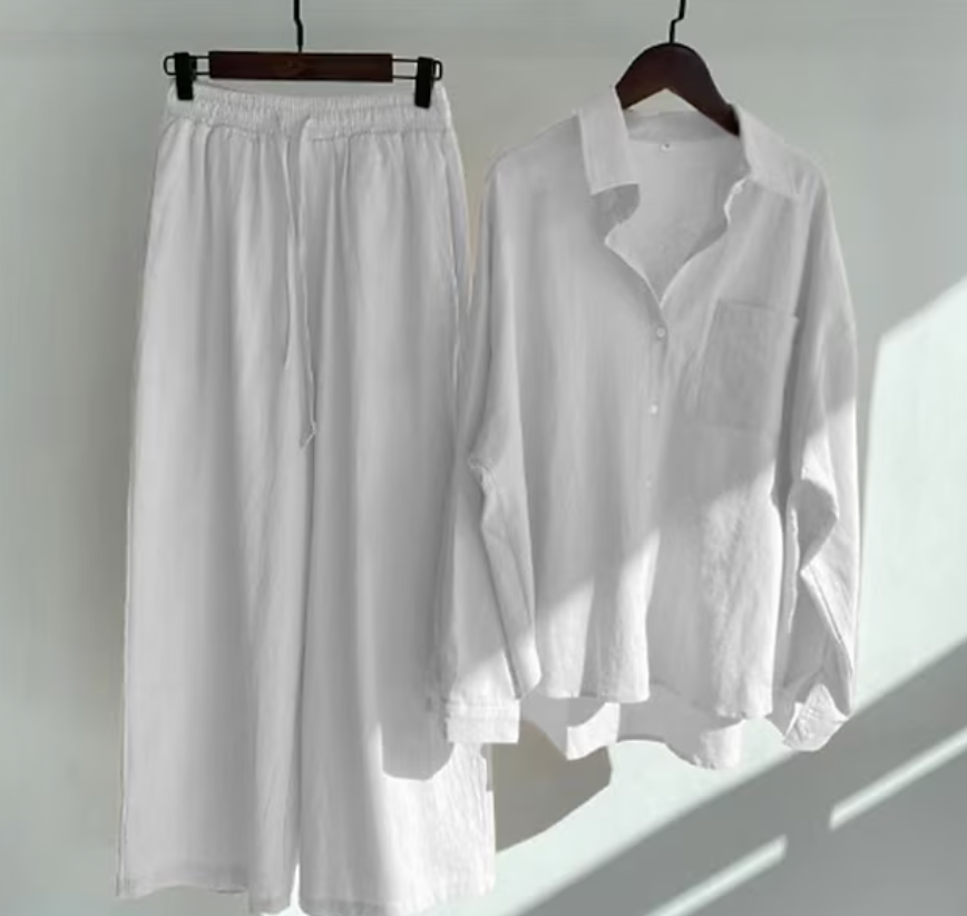 Lara - Elegant two-piece linen blouse and pants set for women