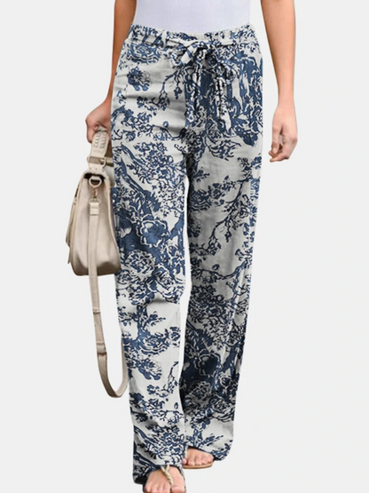 Elina - Loose linen trousers with a natural motif for women