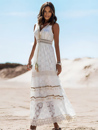 Lucia - Elegant ivory maxi dress with lace accents for women