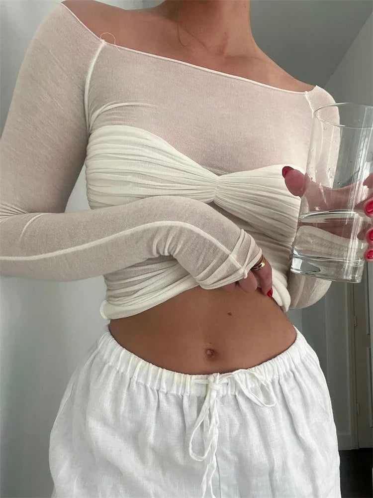 Sara Mesh Transparent Off Shoulder Blouse