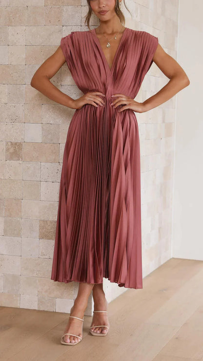 Alyssa - Glamorous pleated V-neck midi dress for women 