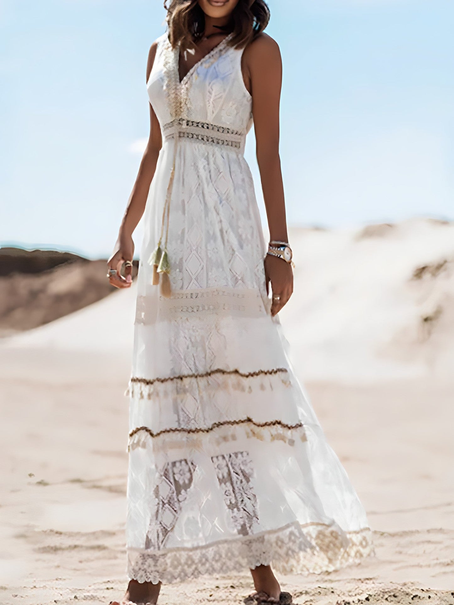 Lucia - Elegant ivory maxi dress with lace accents for women