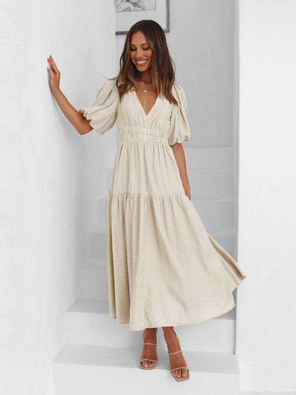 Alessandra - Elegant maxi dress with puff sleeves for women