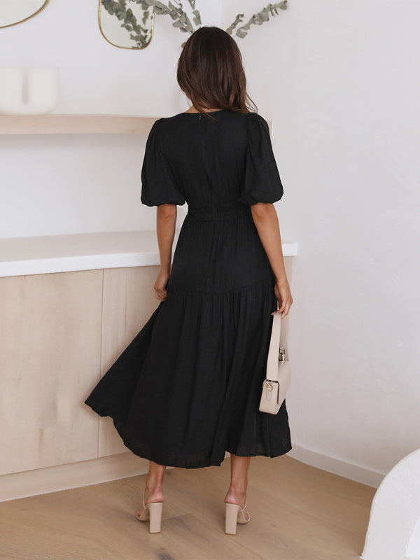 Alessandra - Elegant maxi dress with puff sleeves for women