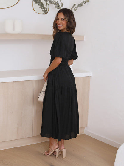 Alessandra - Elegant maxi dress with puff sleeves for women