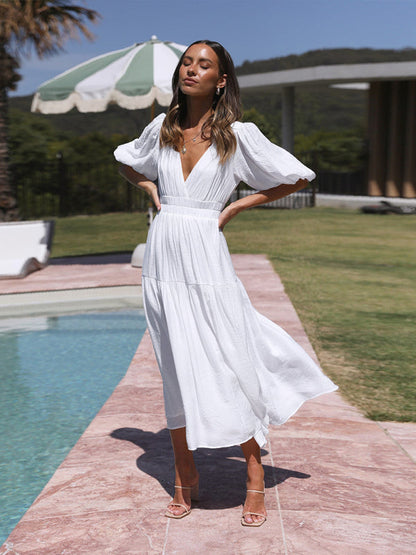 Alessandra - Elegant maxi dress with puff sleeves for women