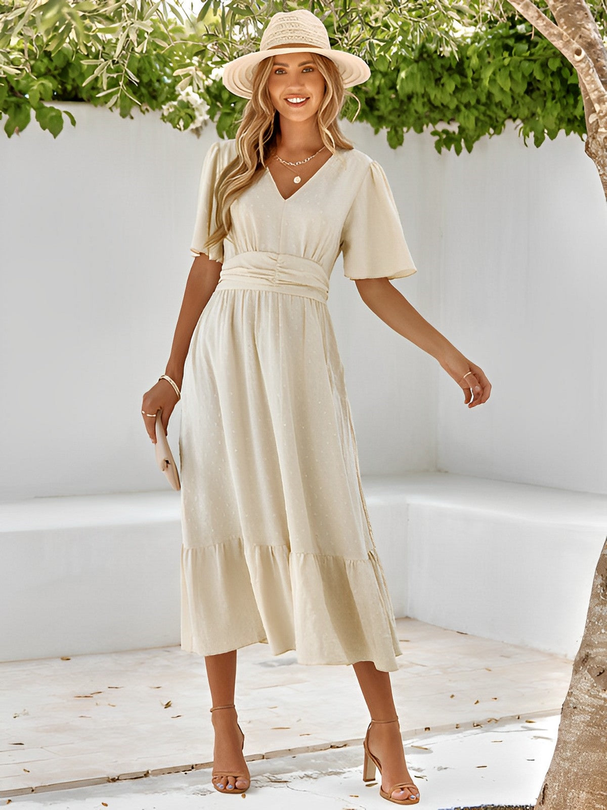 Minerva maxi dress with wrap belt and layered design