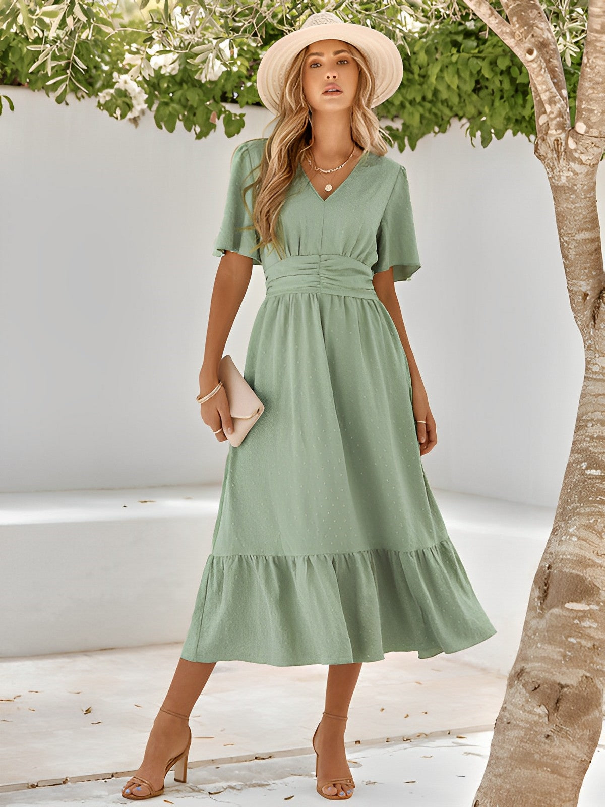 Minerva maxi dress with wrap belt and layered design