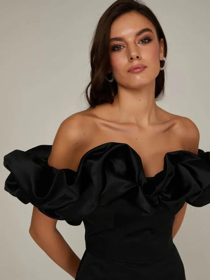 Alessandra - Satin off shoulder dress with ruffle trim 