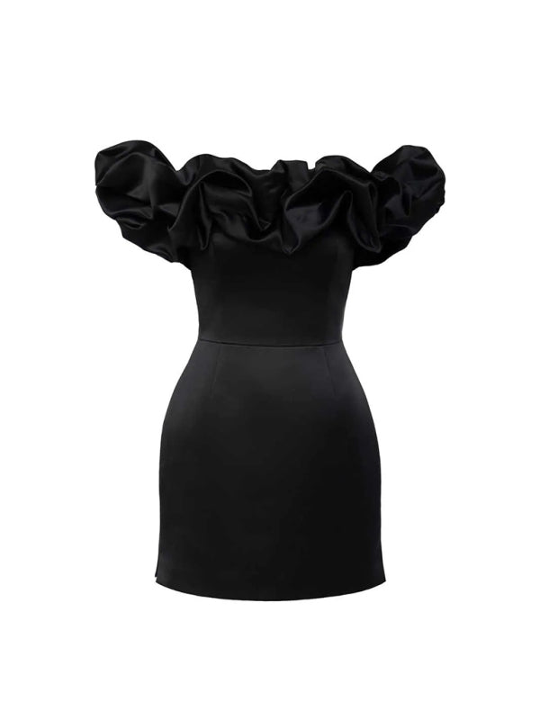 Alessandra - Satin off shoulder dress with ruffle trim 