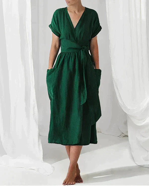 – Green linen midi dress